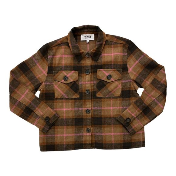 BB Dakota By Steve Madden Women's Button Down Boxy Shacket - Cashew Plaid - Picture 1 of 2